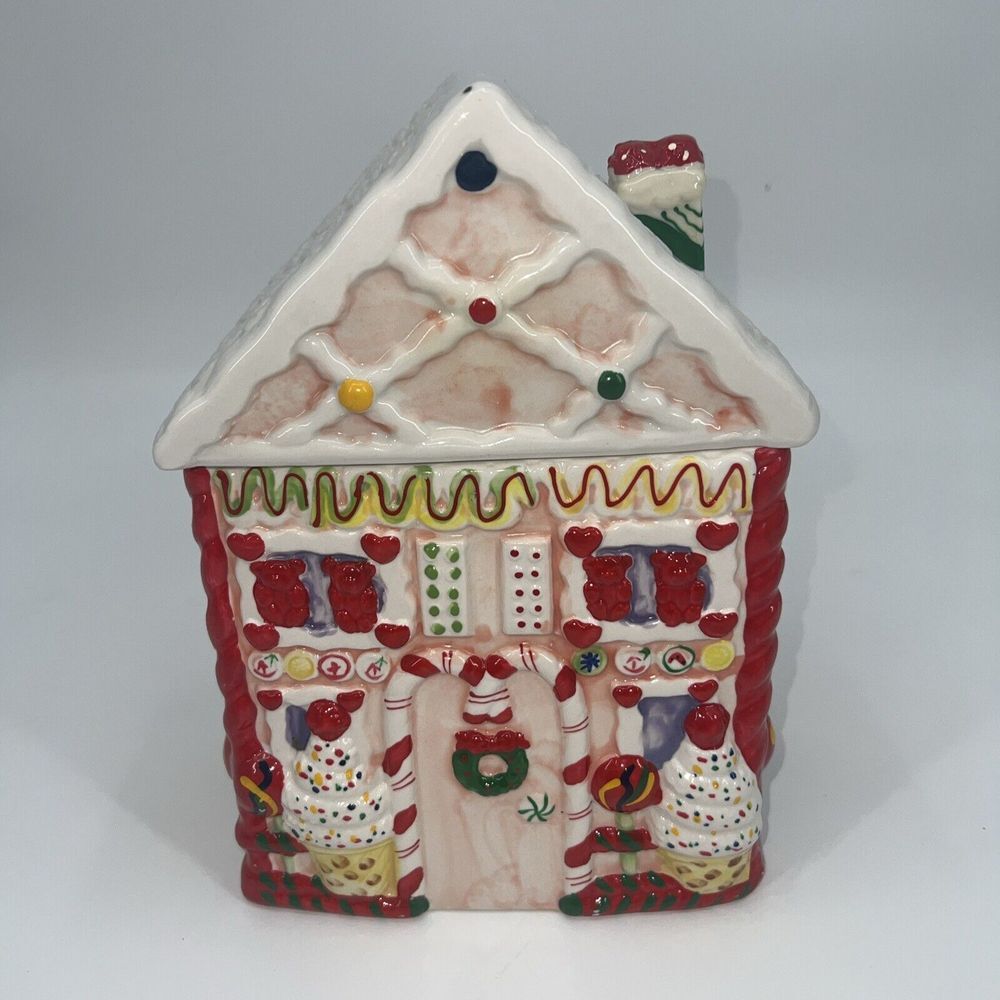 Vintage Candy Gingerbread House Ceramic Cookie Jar Canes‎ Peppermint Christmas